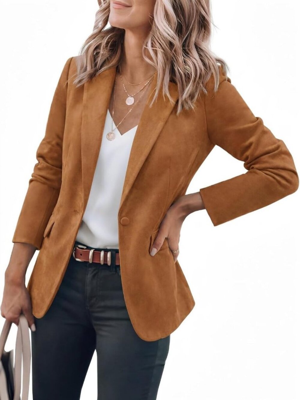 Chic Women's Faux Suede Blazer Jacket - Long Sleeve, Perfect for Work & Fall